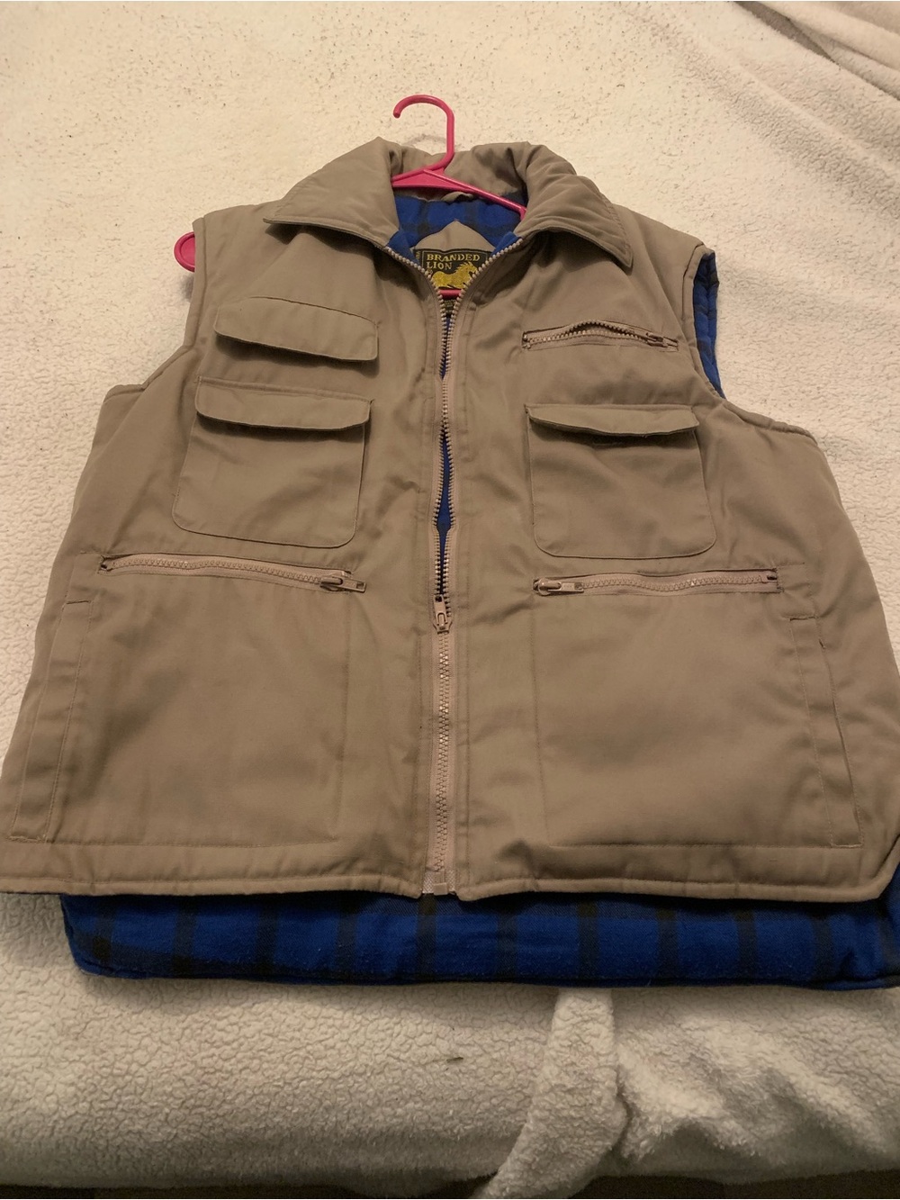 Men's Quilted Utility Vest - Tan with Blue Lining by